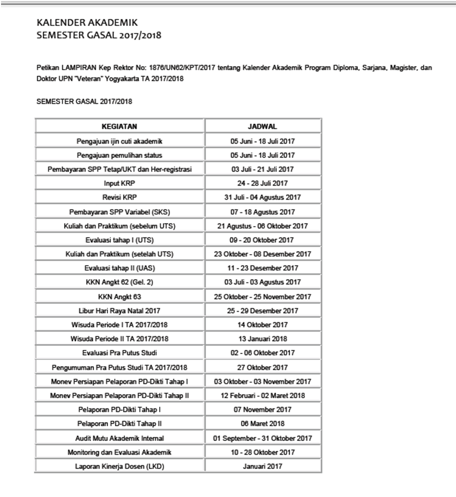 Kalender akdemik prodi Agribisnis UPN VETERAN Yogyakarta semester gasal 2017-2018